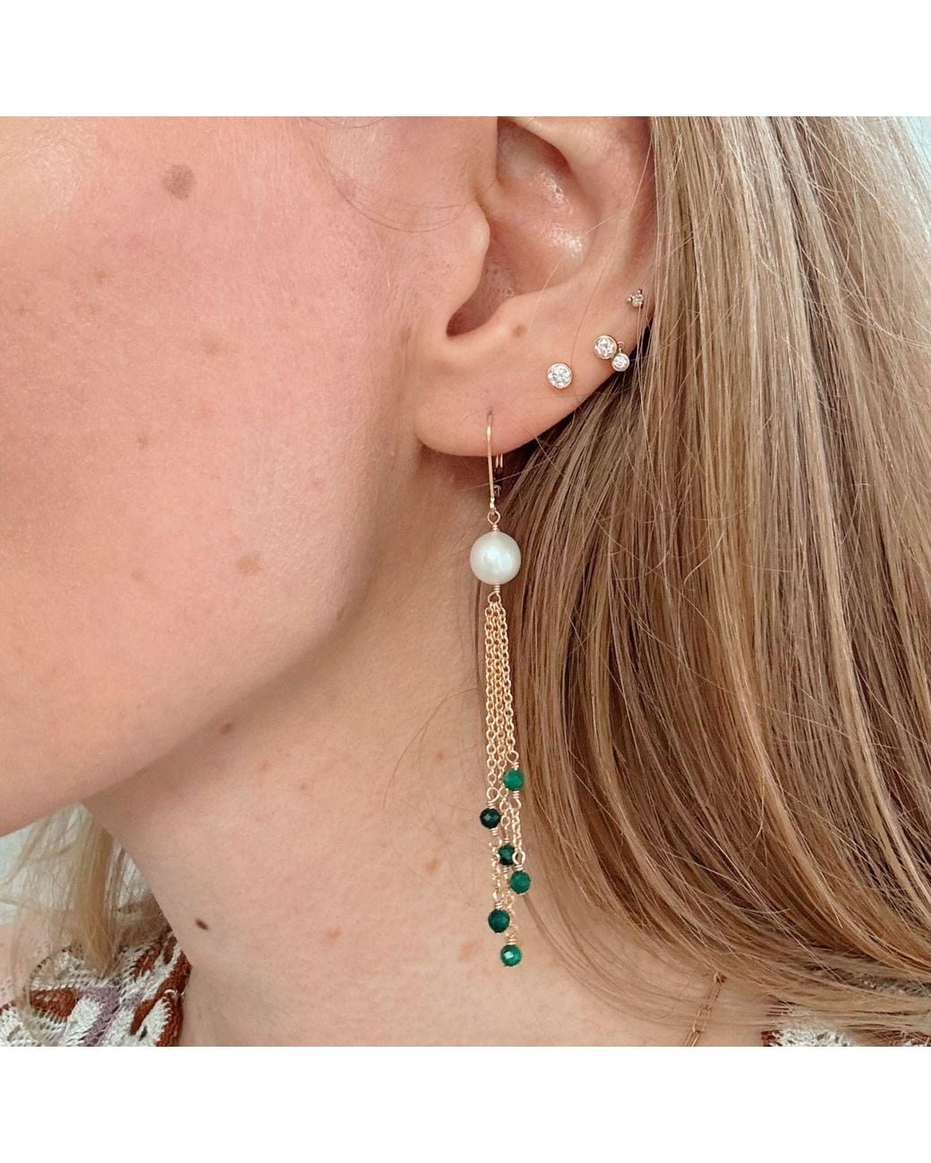 Herself Collections Metallic Pearl & Malachite Drop Chain Earring