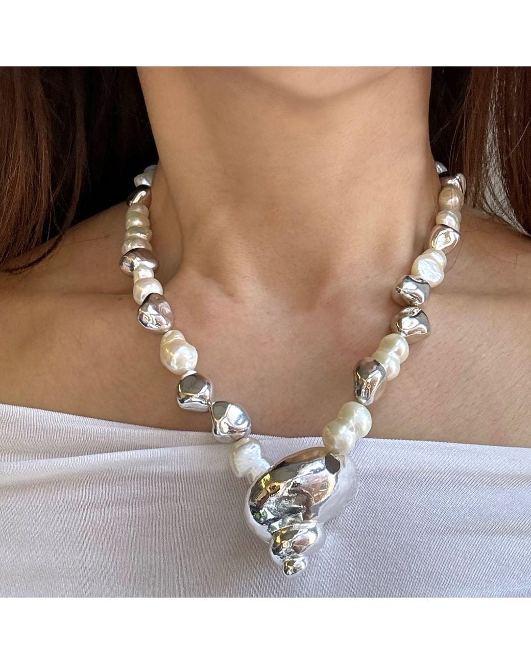 Rare Matters Jewelry Metallic Sterling Baroque Shell Ocean Relic Statement Necklace