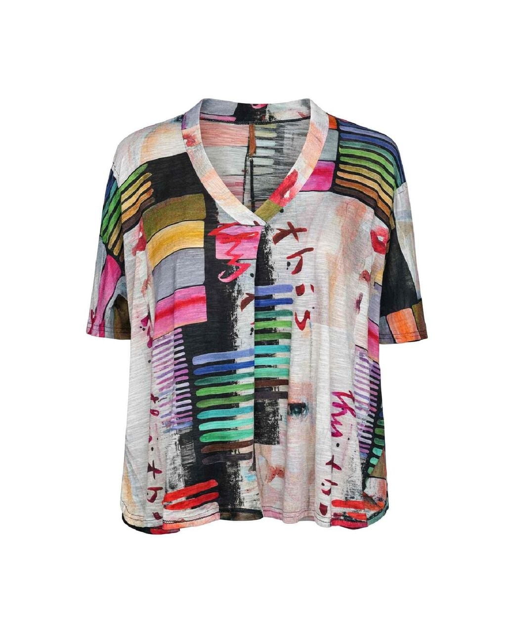 Conquista Multicolor Printed V-Neck Top With Fluid Silhouette – Contemporary Artistic Style