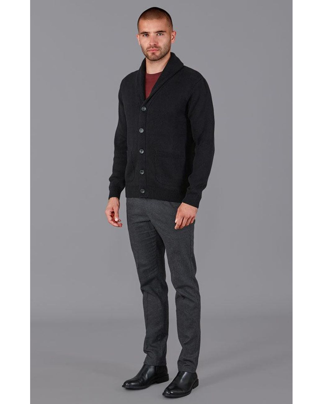 Paul James Knitwear Blue Midweight Cotton Shawl Collar Sebastian Cardigan for men