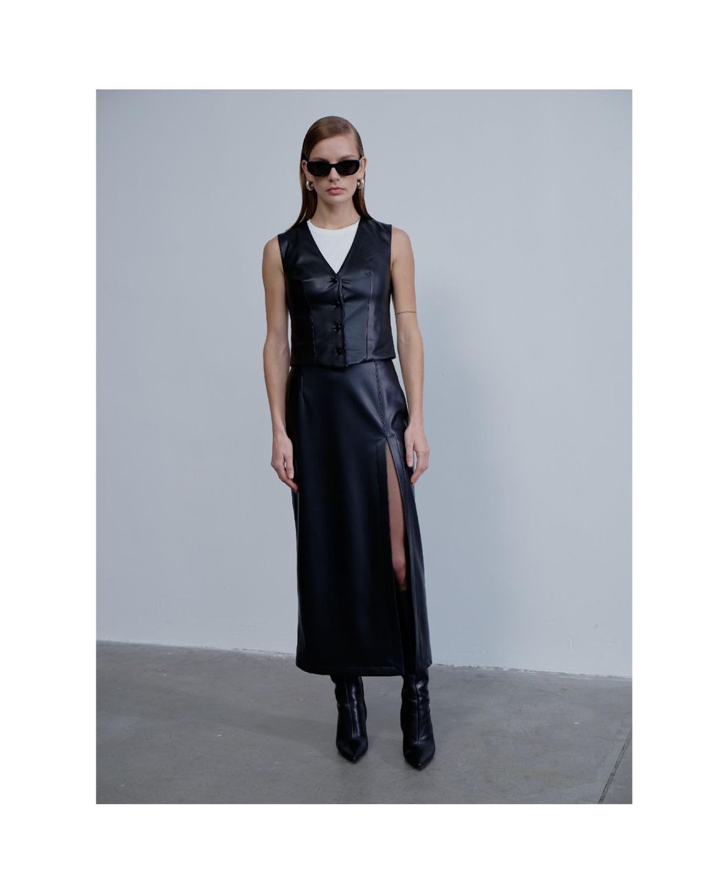 NAZLI CEREN Gray Lea Vegan Leather Midi Skirt