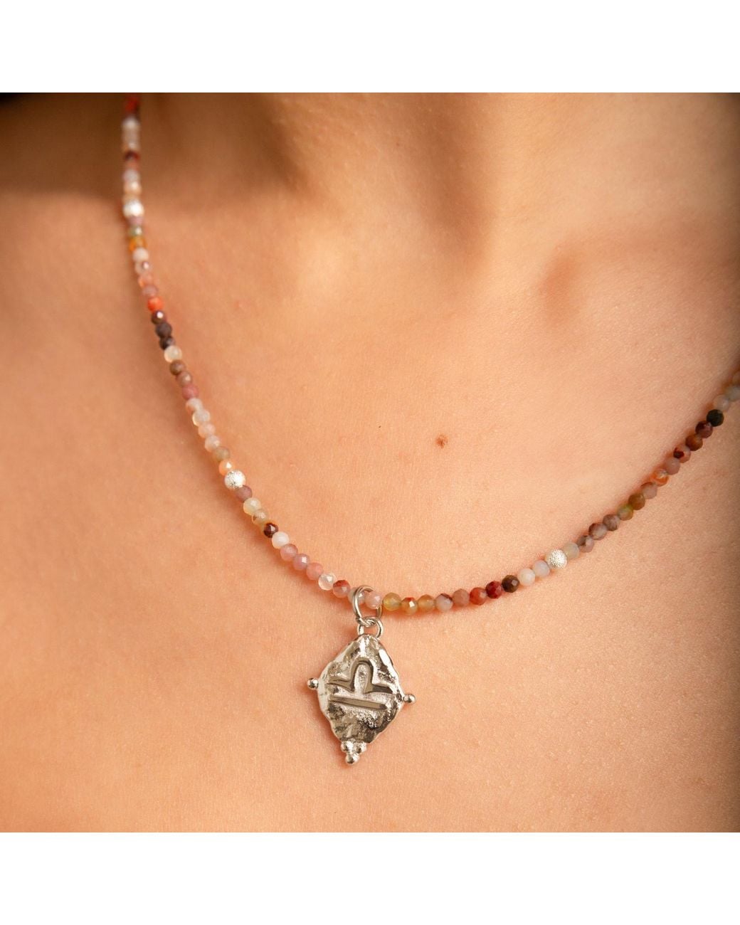Seven Saints Metallic Libra Gemstone Choker Necklace, Multi-Colored Opal, Rhodium Plated