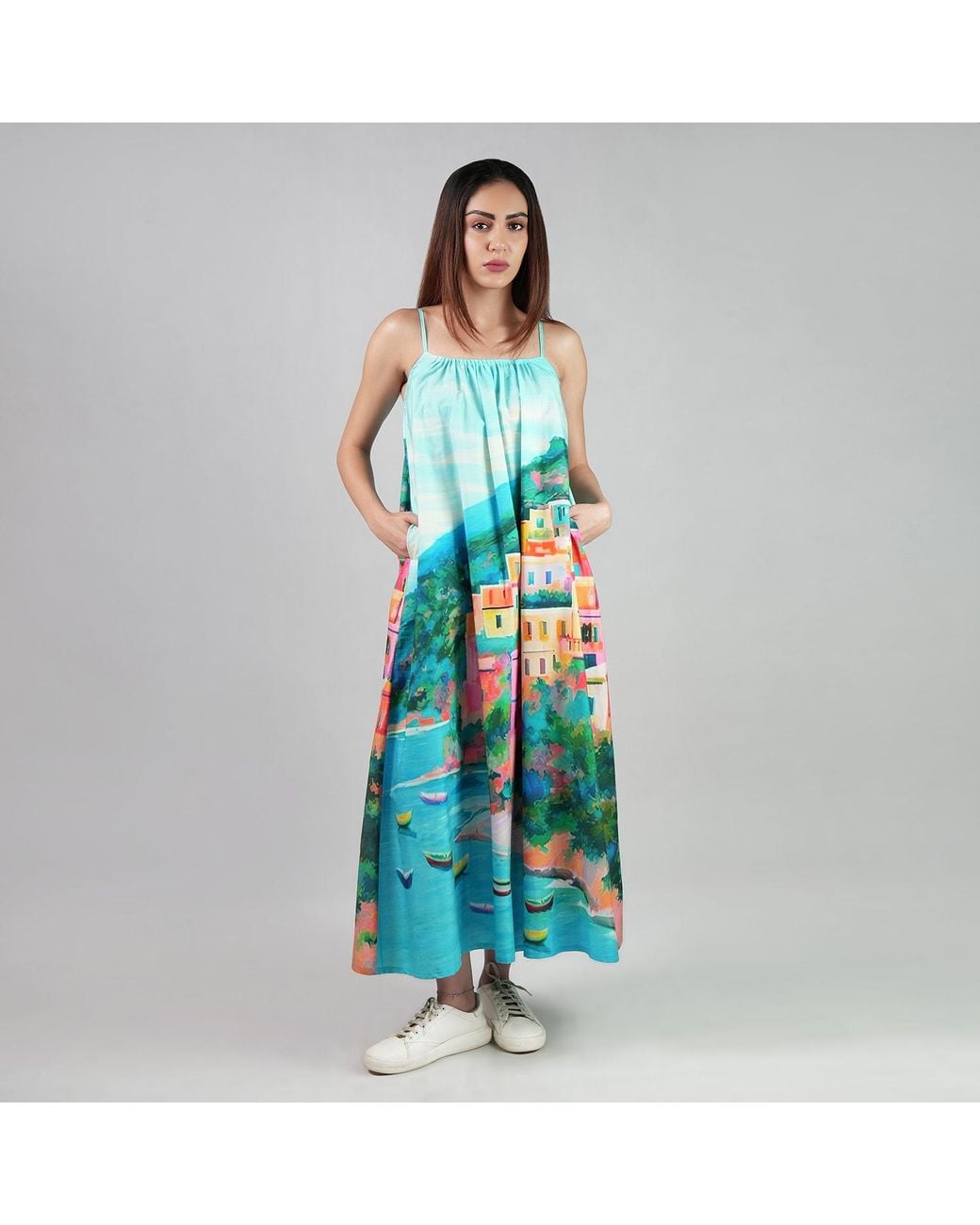 DHARA SHETH DUBAI Blue La Dolce Riviera Mediterranean Print Cotton Maxi Dress With Pockets