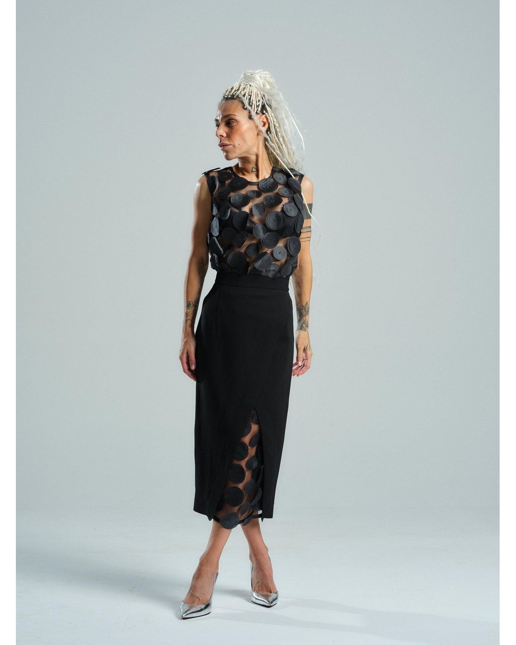 Clothes by Locker Room Black Appliqué-Detailed Mesh Top & Pencil Skirt Co-Ord Set