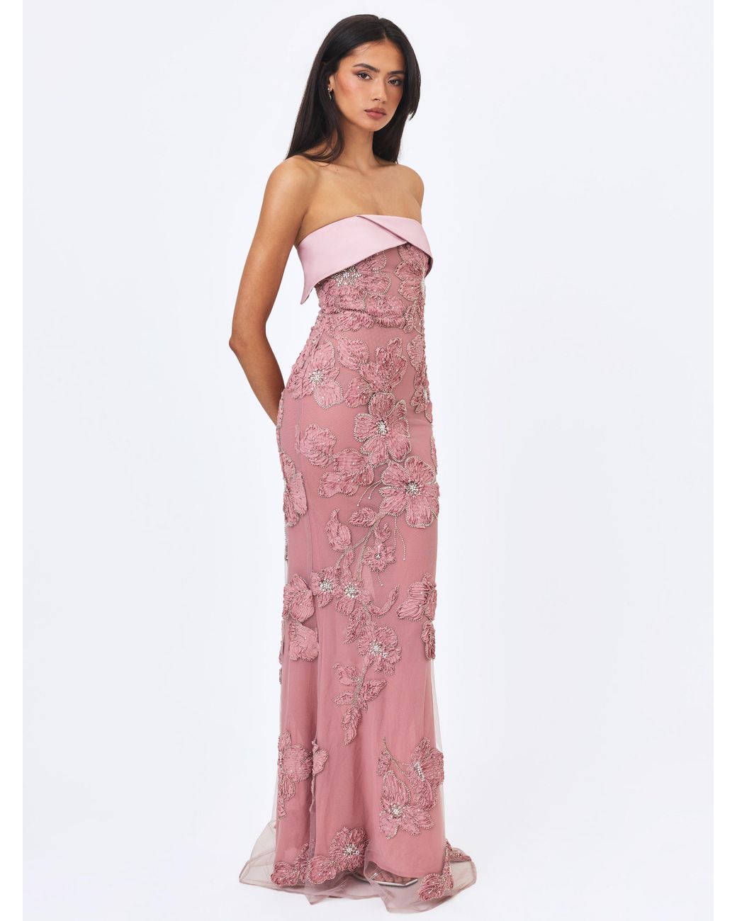 Miss Circle New York Purple Raphaela Dusty Beaded Floral Strapless Mermaid Maxi Dress