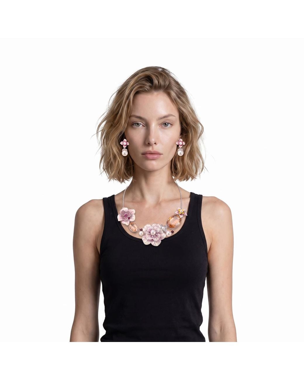 Modenaire Pink Floral Pearl Statement Necklace Earrings Set