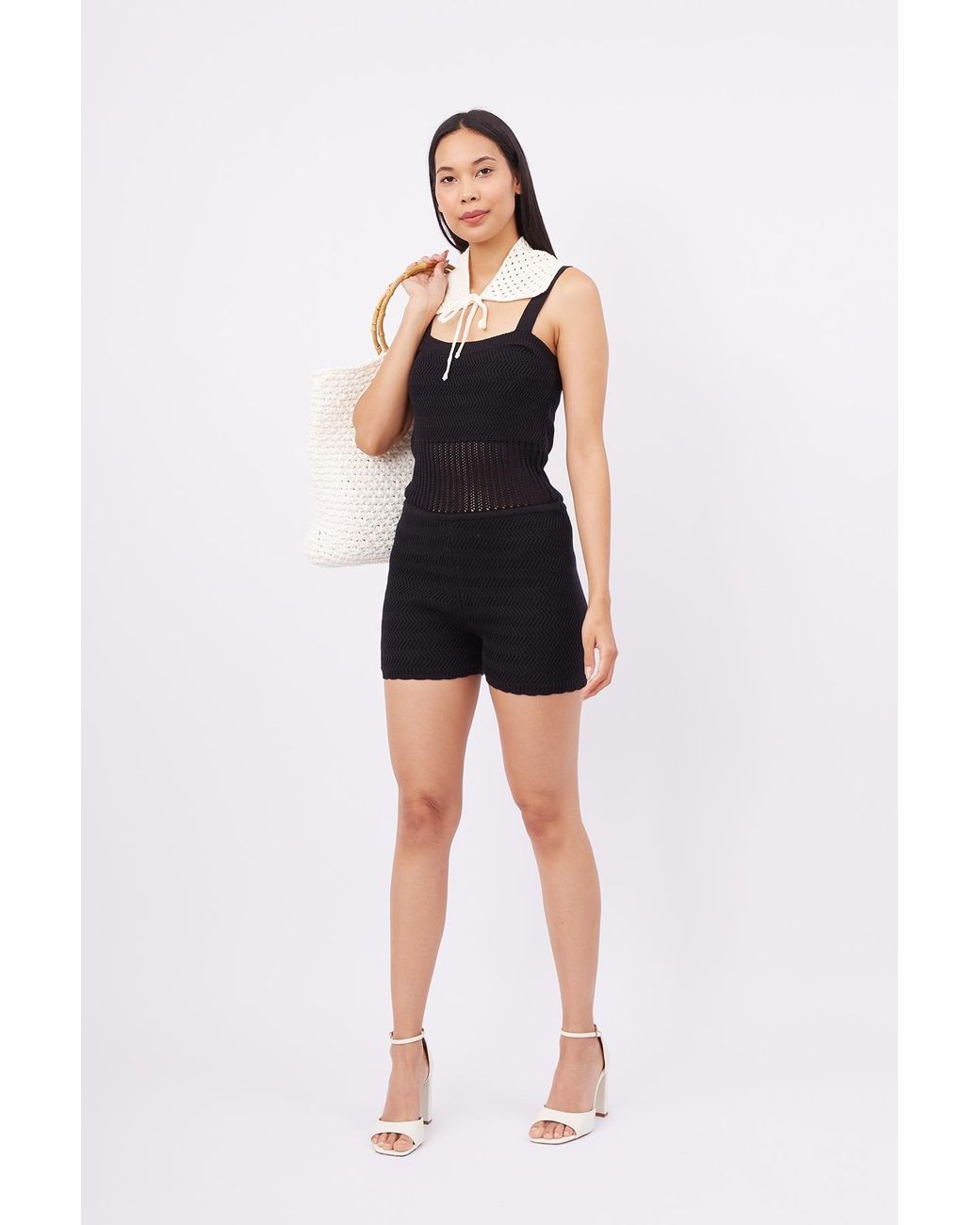 Peraluna Black Iris Openwork Harringborn Knit Playsuit