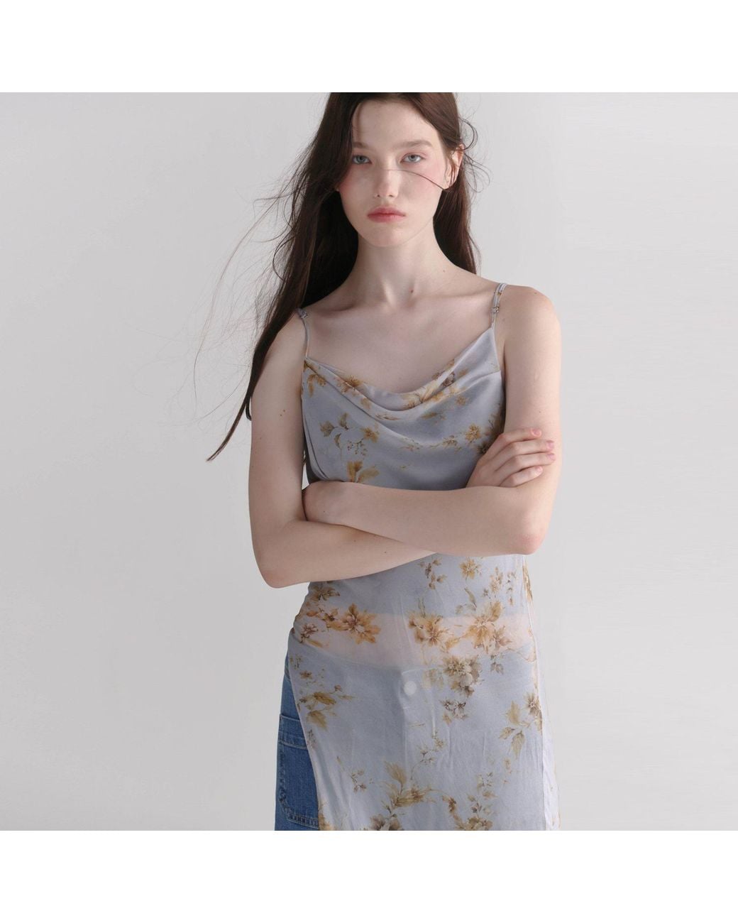 Belsize25 Gray Dahlia Series – Celeste Floral Mulberry Silk Asymmetric Cowl-Neck Long Camisole