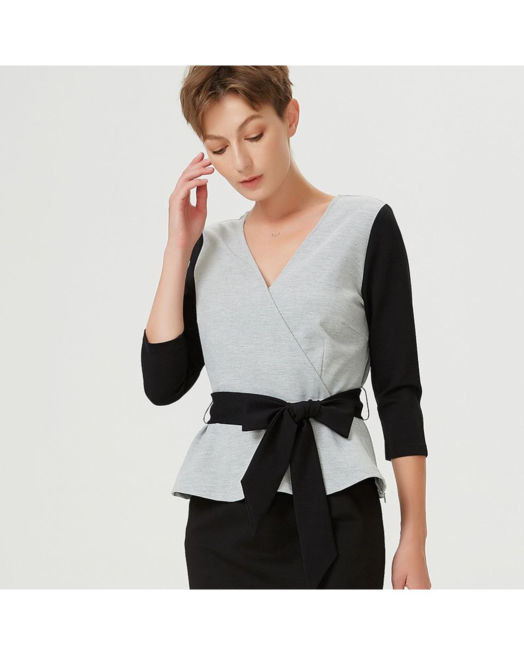Smart and Joy Gray Peplum Top With Cross-Heart Effect & Belt