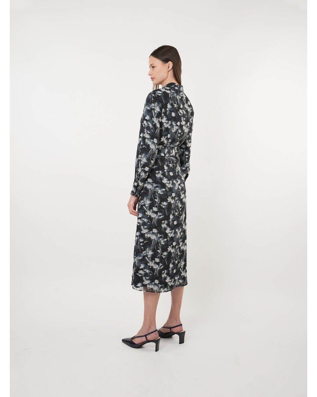 John Abgin Black Chiffon Scatter Printed Shirt Dress