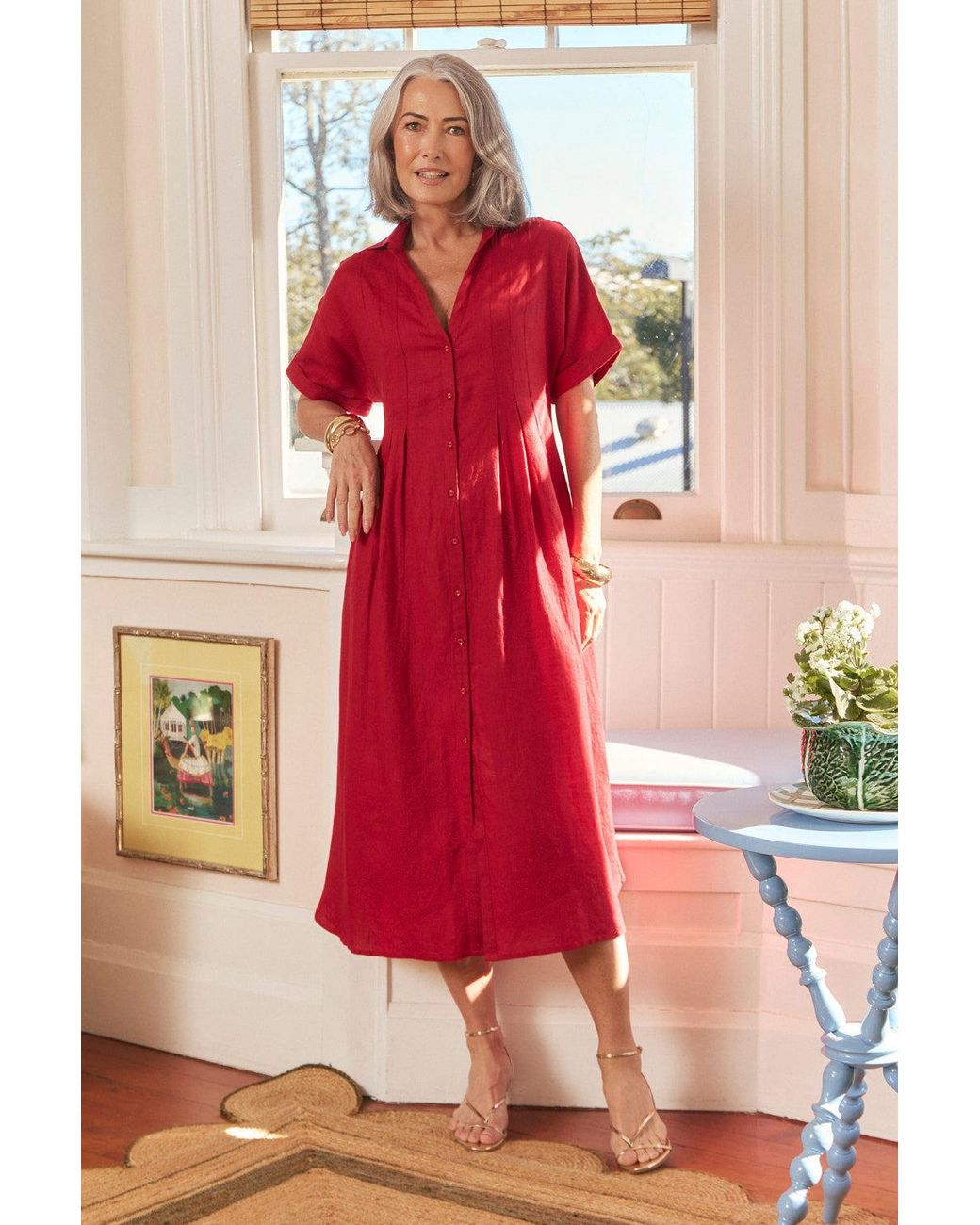 Adrift Clothing Red Bridget Linen Pleated Dress