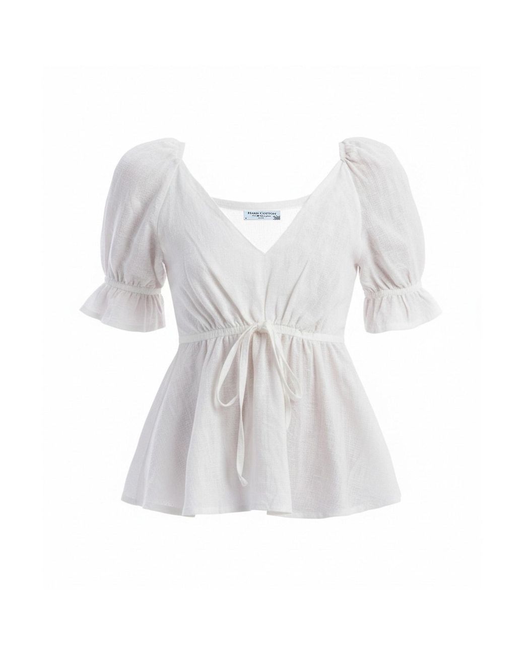 Haris Cotton White Linen Peplum Top With Puff Sleeves