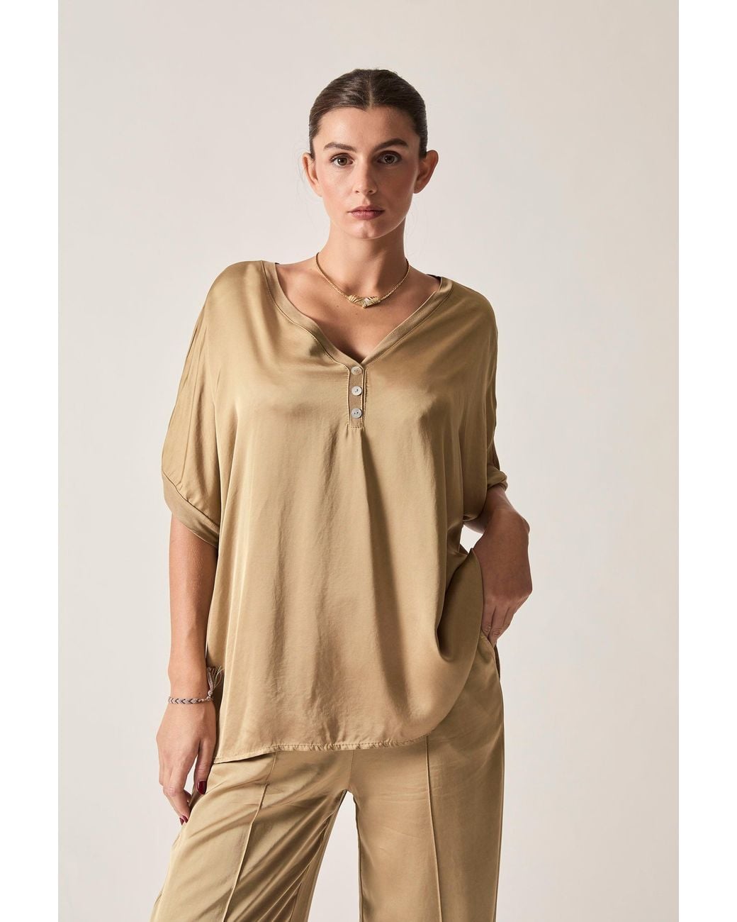 James Lakeland Natural Neutrals Camel Button Detail Relaxed Fit Top