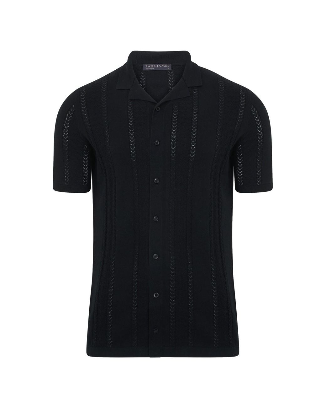 Paul James Knitwear Black Ultra Fine Cotton Santiago Open Knit Cuban Collar Shirt for men