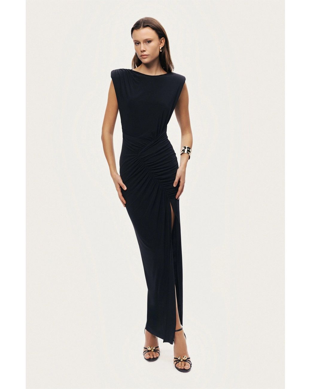 Nocturne Black Ruched Side-Slit Maxi Dress