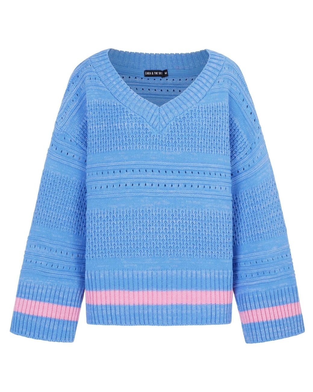 Cara & The Sky Blue Judith Pointelle Stitch V Neck Jumper