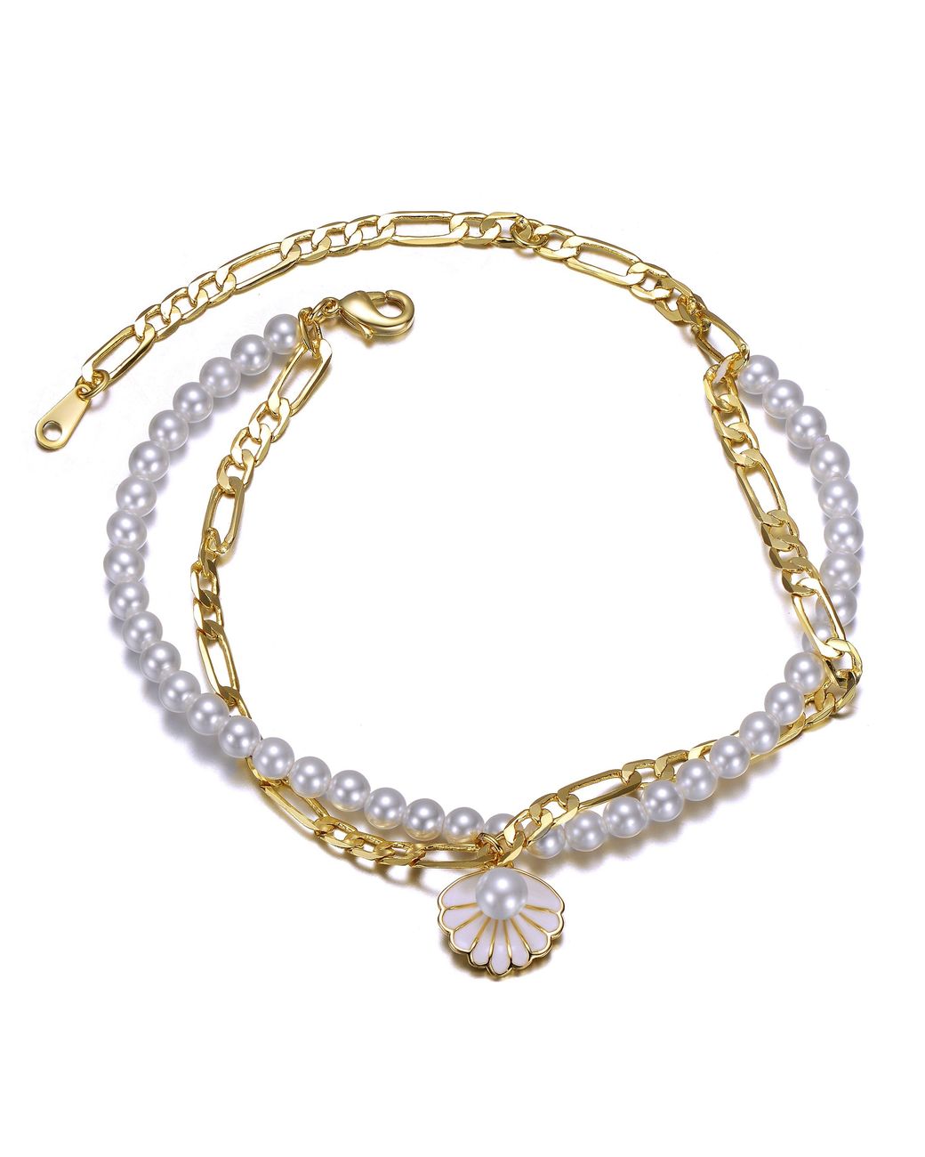 Genevive Jewelry Metallic Plated Double Layer Pearl & Shell Charm Anklet