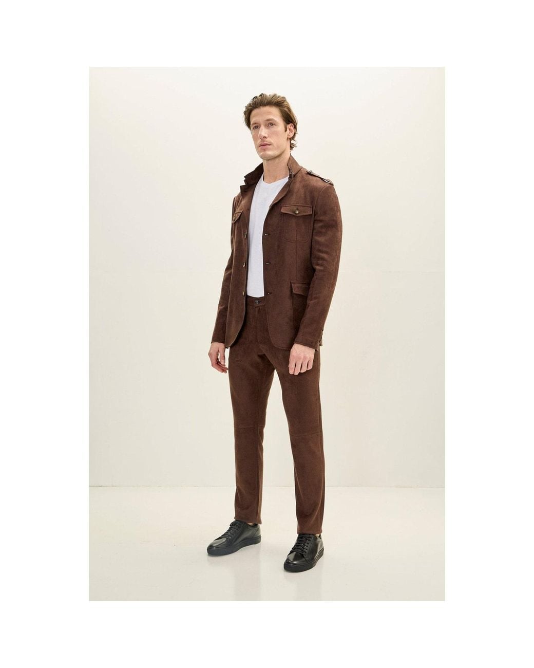 Ron Tomson Brown Microsuede Lightweight Tapered Pants for men