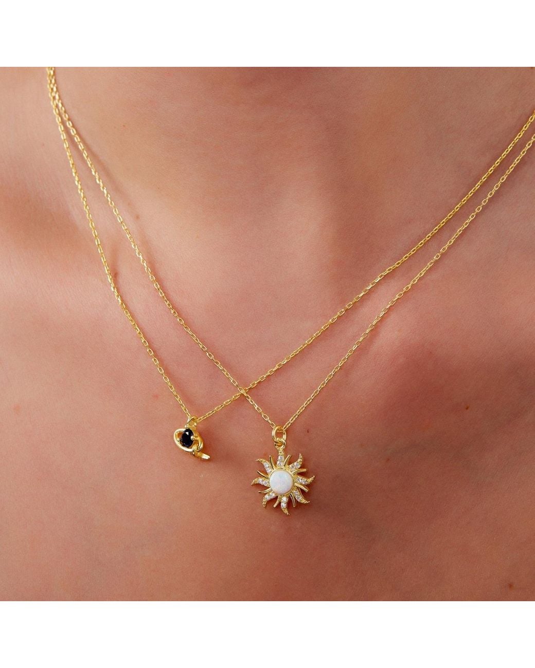 Spero London Metallic Opal Sun & Sunburst & Saturn Necklace Layering Set