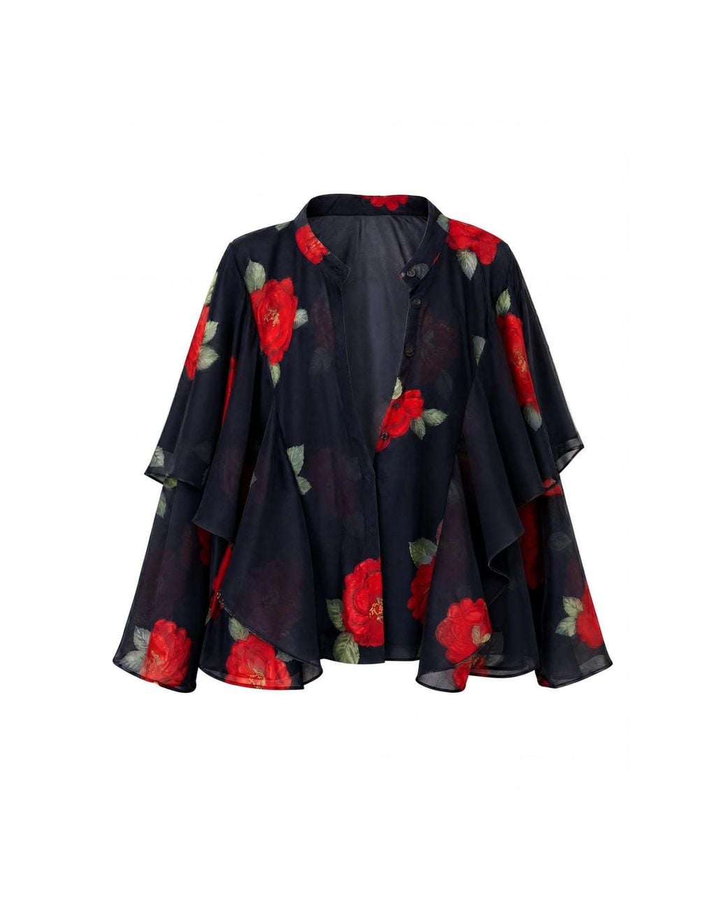 concept A trois Blue Chiffon Blouse With Rose Print And Ample Ruffles