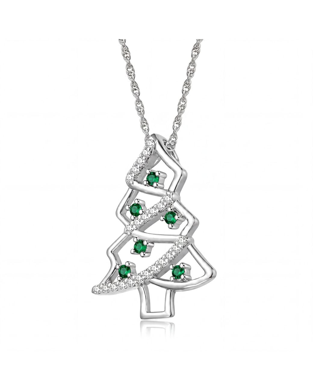Genevive Jewelry White Plated With Emerald & Clear Cubic Zirconia Christmas Tree Design Pendant Necklace
