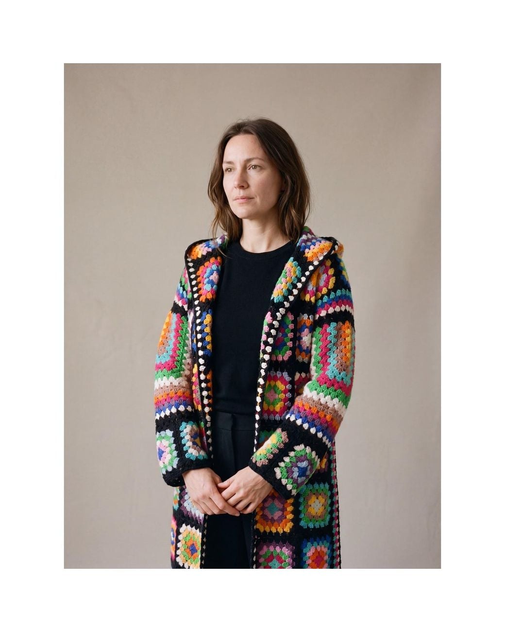 Ana Chic Black Handmade Crochet Hooded Maxi Cardigan