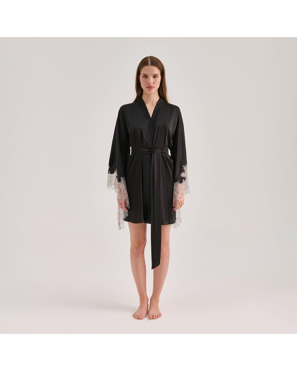 Avenue 8 Black Lace Mini Silk Robe