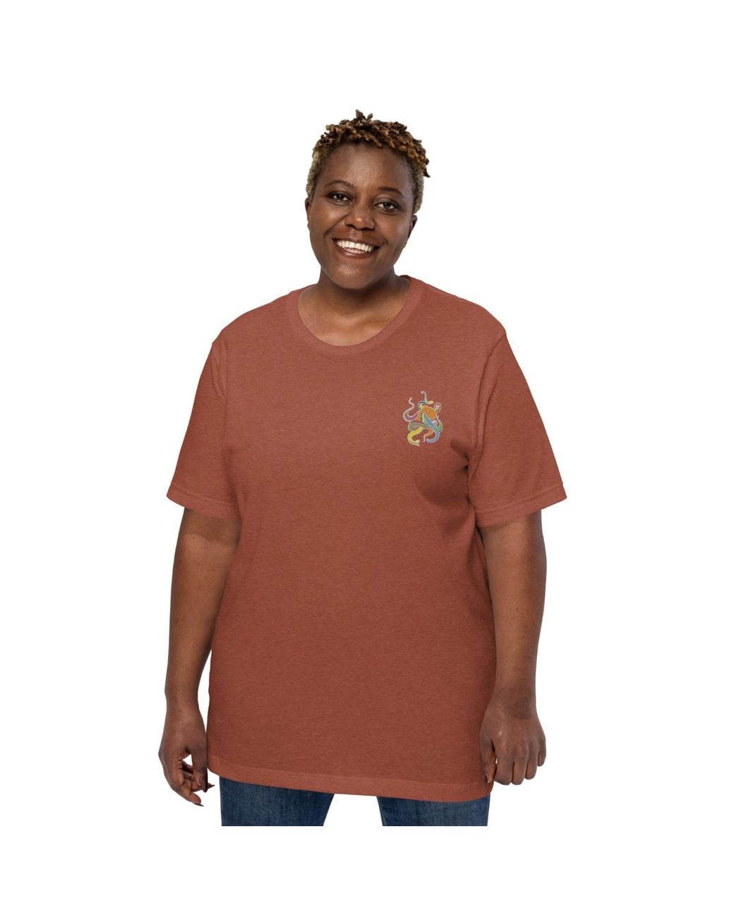 Anchor and Crew Orange Clay Think Ocean Octopus Fluorescence Cotton Embroidered T-Shirt