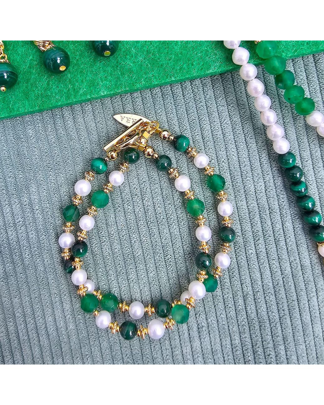 Farra Green Gemstone With Freshwater Pearl Double Layers Bracelet