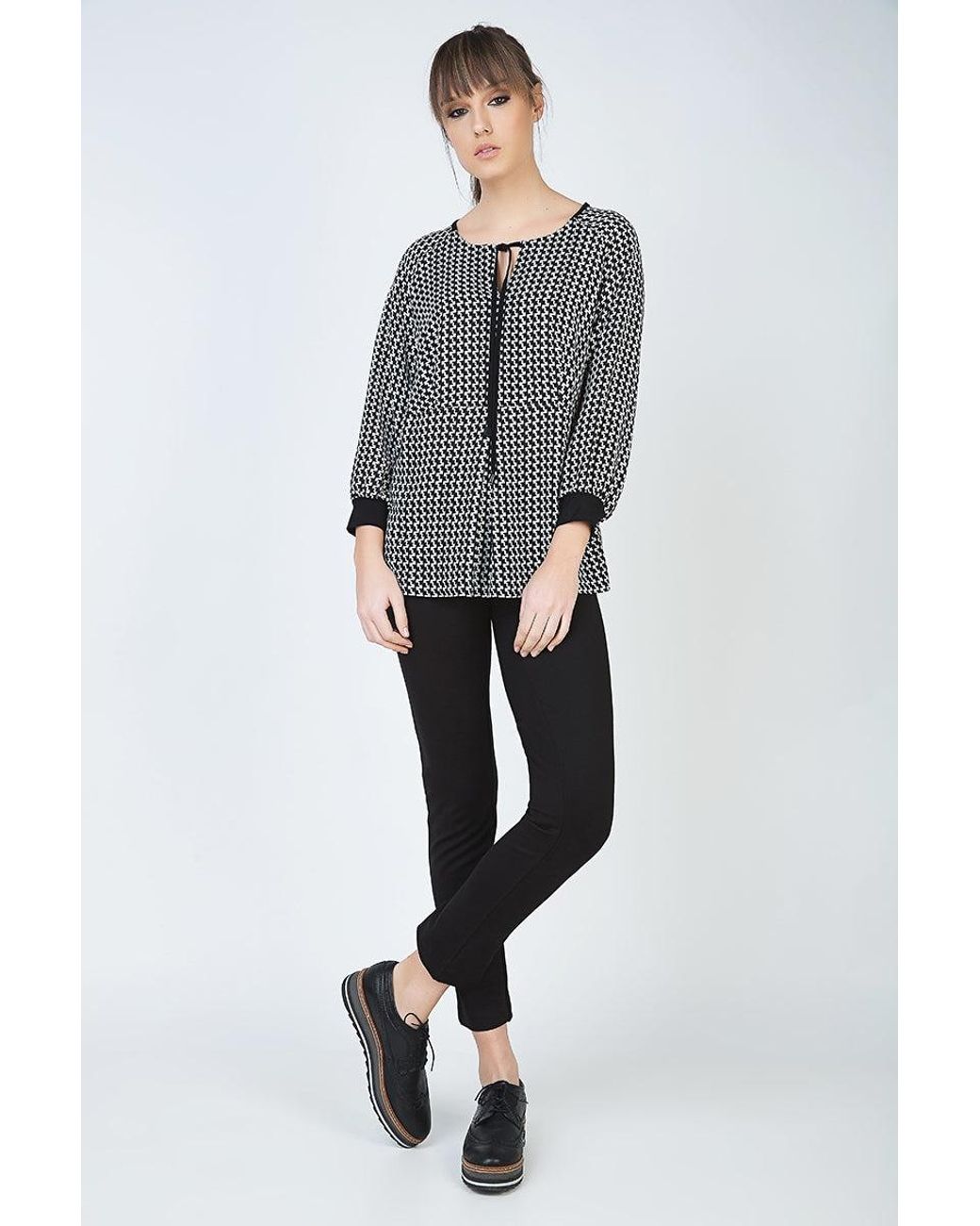 Conquista Gray Long Sleeve Print Top With Tie & Cuff Detail