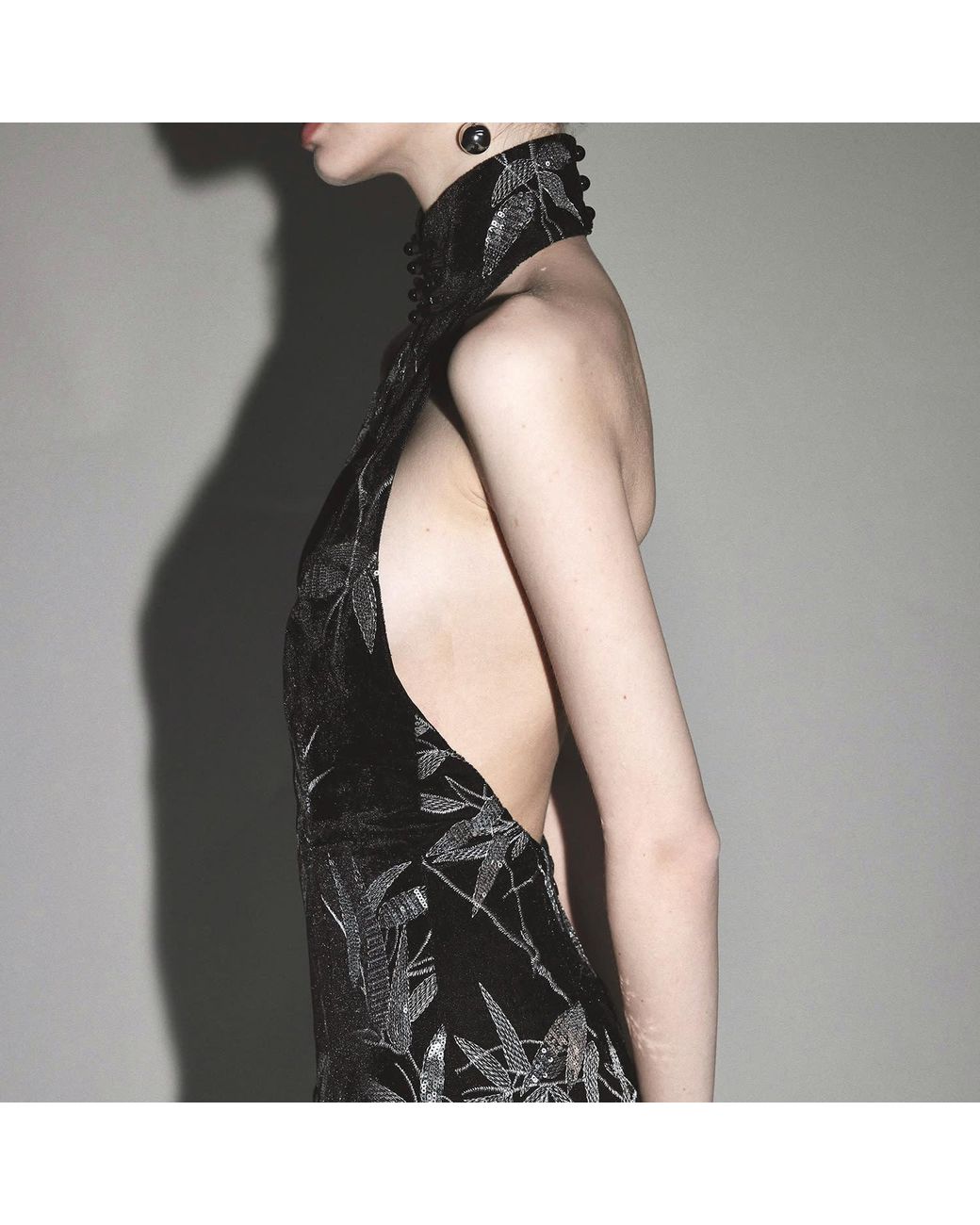 Belsize25 Black Bamboo Leaf Beaded Embroidered Halterneck Gown