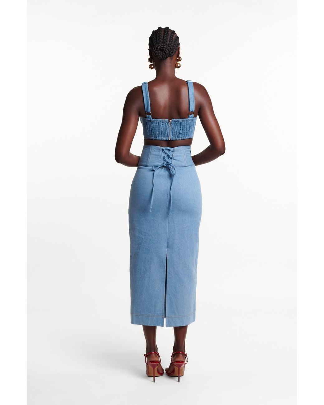 Ofuure Blue Light Denim Ona Midi Skirt