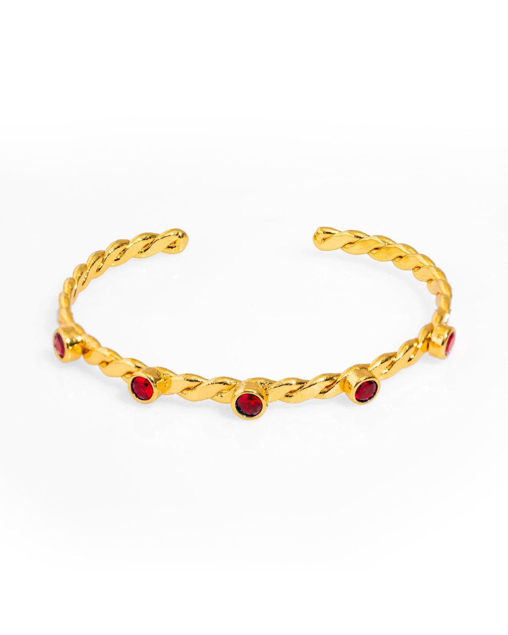 Ebru Jewelry Metallic Ruby-Studded Twisted Gold Cuff Bracelet