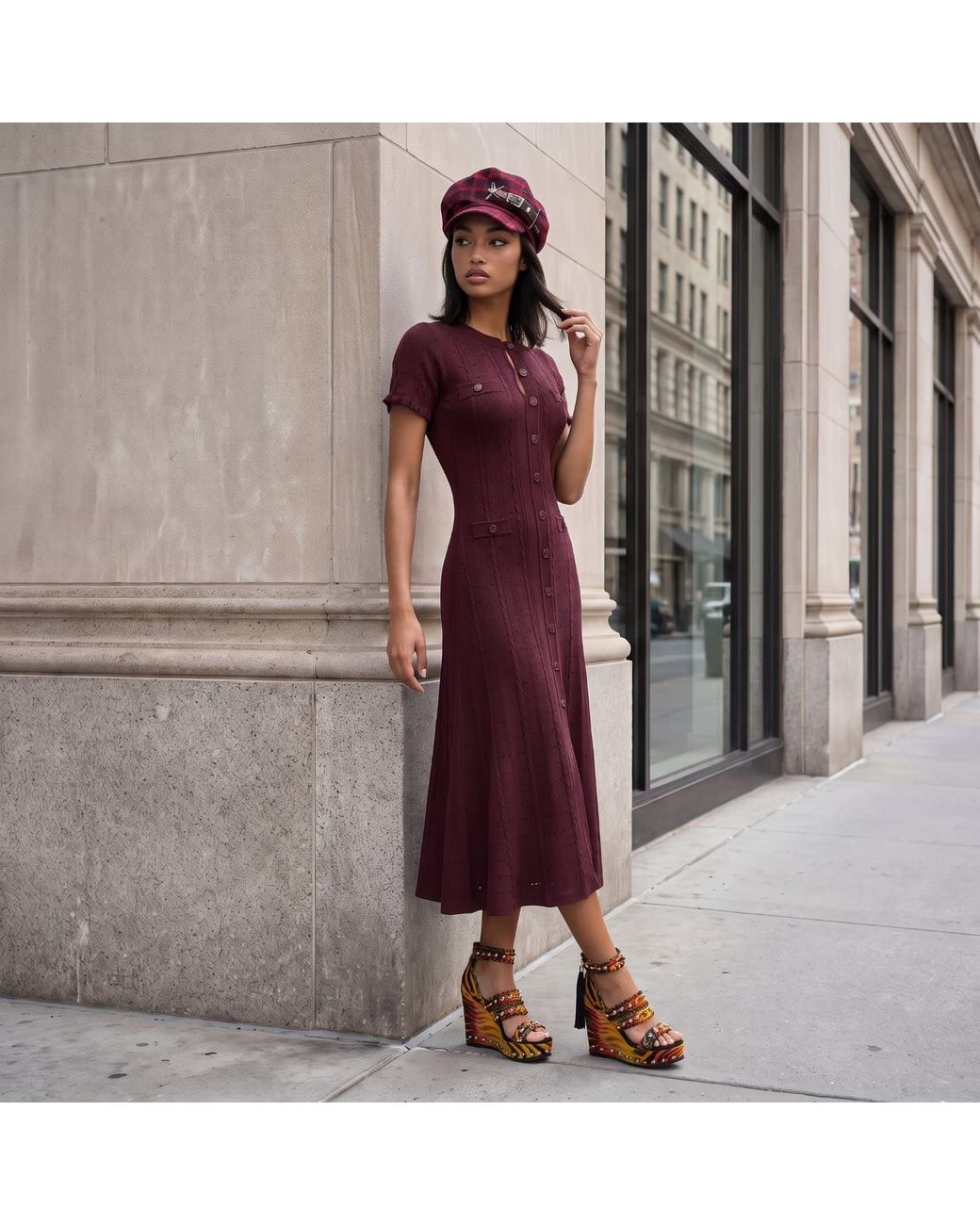 Modenaire Purple Textured Knit Midi Dress Clean Silhouette