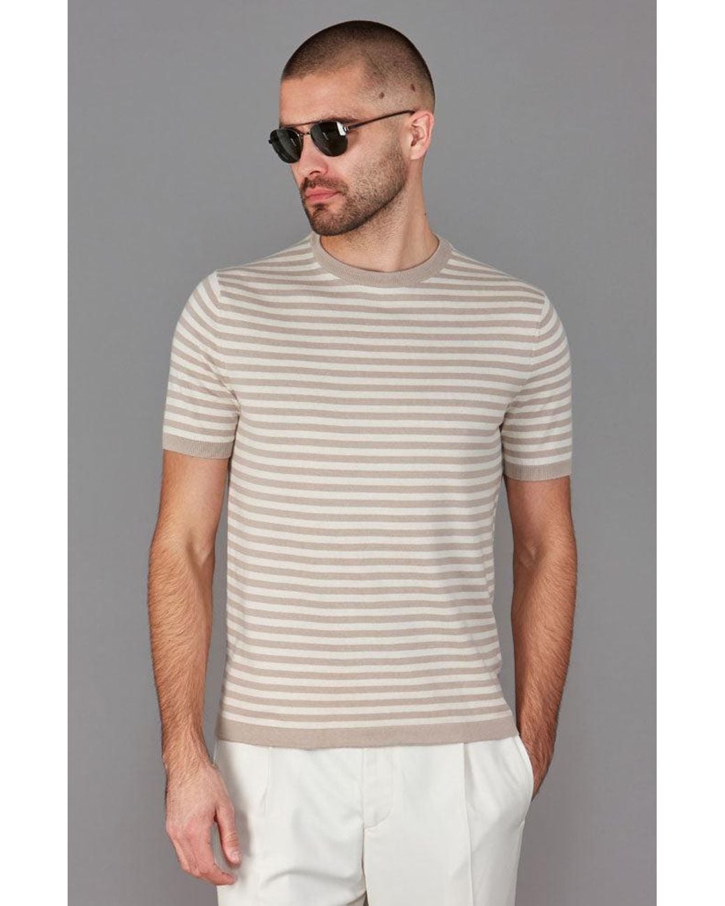 Paul James Knitwear Gray Mens Ultra-fine Cotton Miguel Knitted Breton T-shirt for men