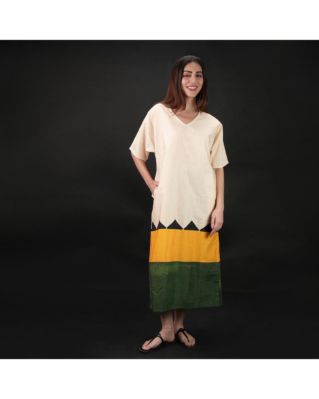 DHARA SHETH DUBAI Yellow Beyond The Horizon Long Cotton Kaftan Dress With Pockets