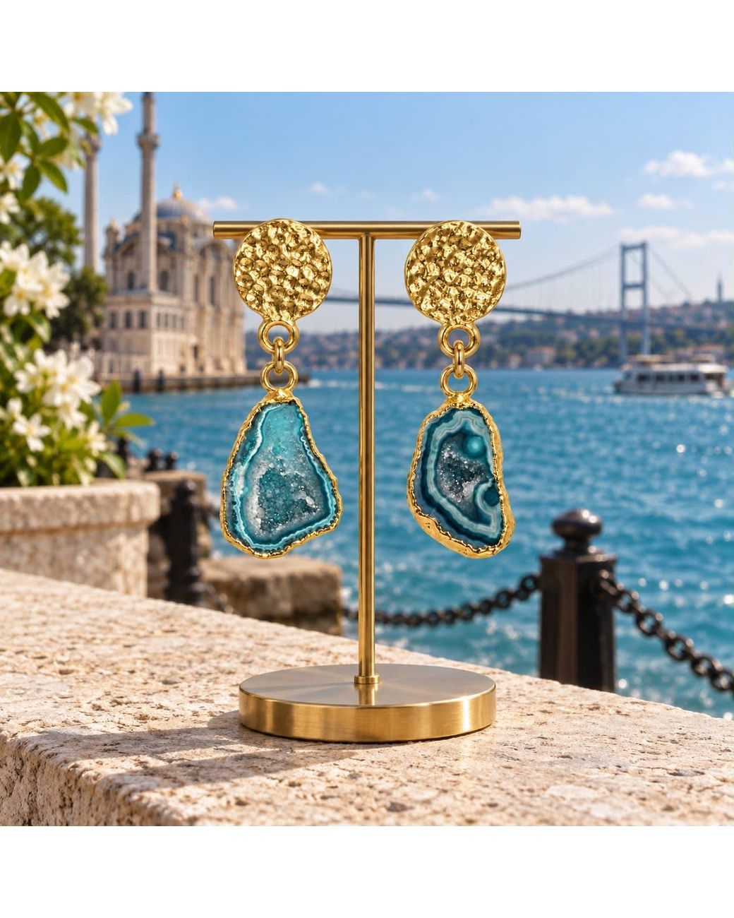 By Ozge Blue Istanbul Bosphorus Agate Druzy Plated Statement Drop Earrings