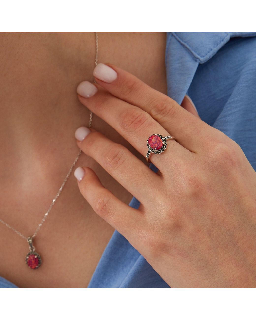 Spero London Pink Circle Opal High Quality Sterling Necklace Earring Ring Set