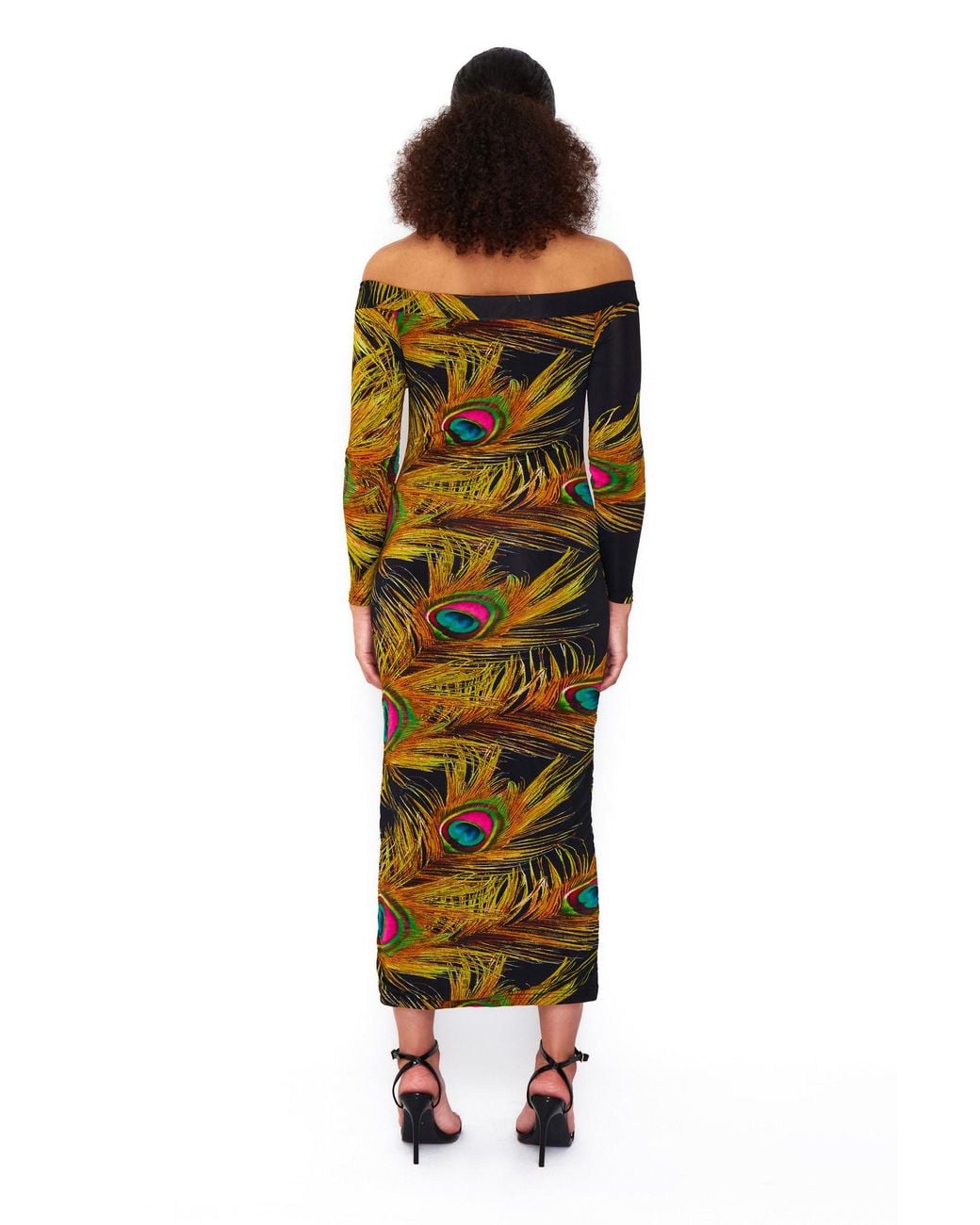 ROSIE BILLINGTON Black Peacock Off The Shoulder Midaxi Dress