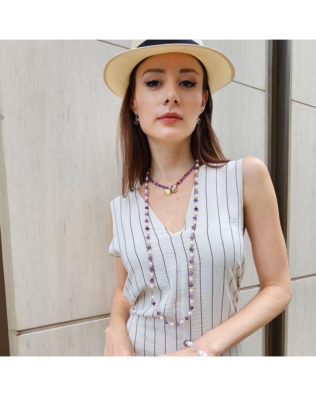 Farra Metallic Freshwater Pearls With Amethyst Long Versatile Necklace