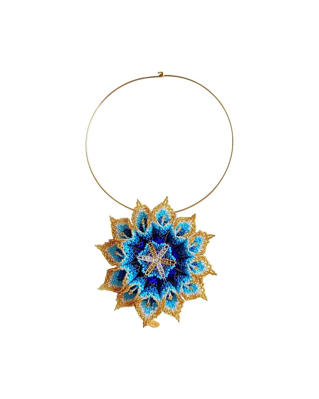 Iliana Arrazola Blue Dahlia Flower Choker, Glass Beads, Beaded Jewelry