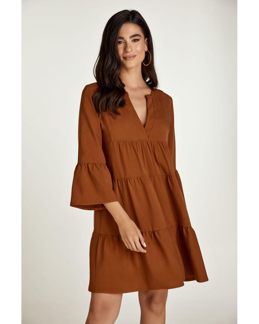 Conquista Brown Chocolate Tencel Gathered Seams Dress