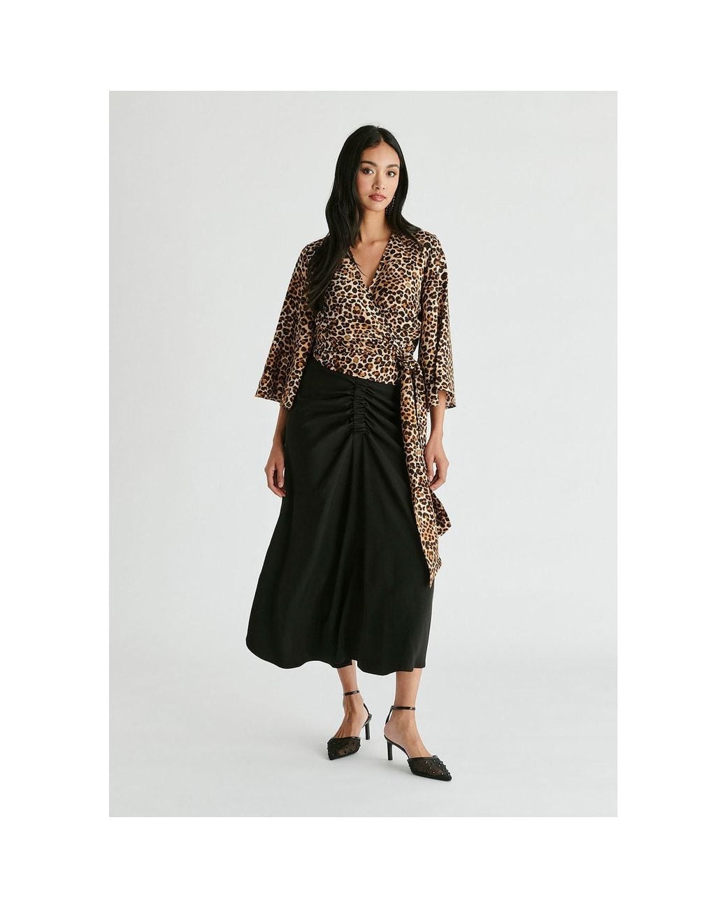 Paisie Black Ruched Front Midi Skirt