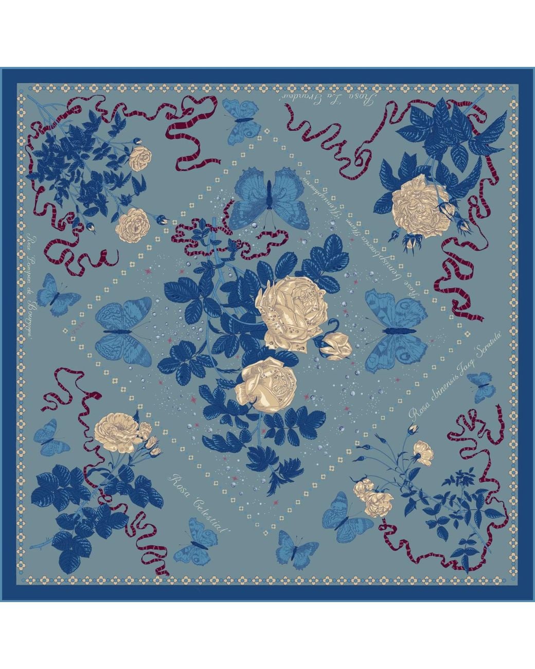 Wenzi Blue Midnight Roses Hand Painted Pattern Double Sided Silk Twill Scarf