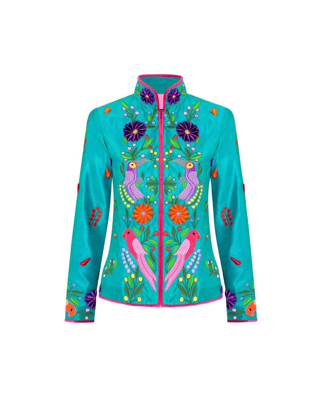 Beatrice von Tresckow Blue Jade Moroccan Birds Short Nehru Jacket