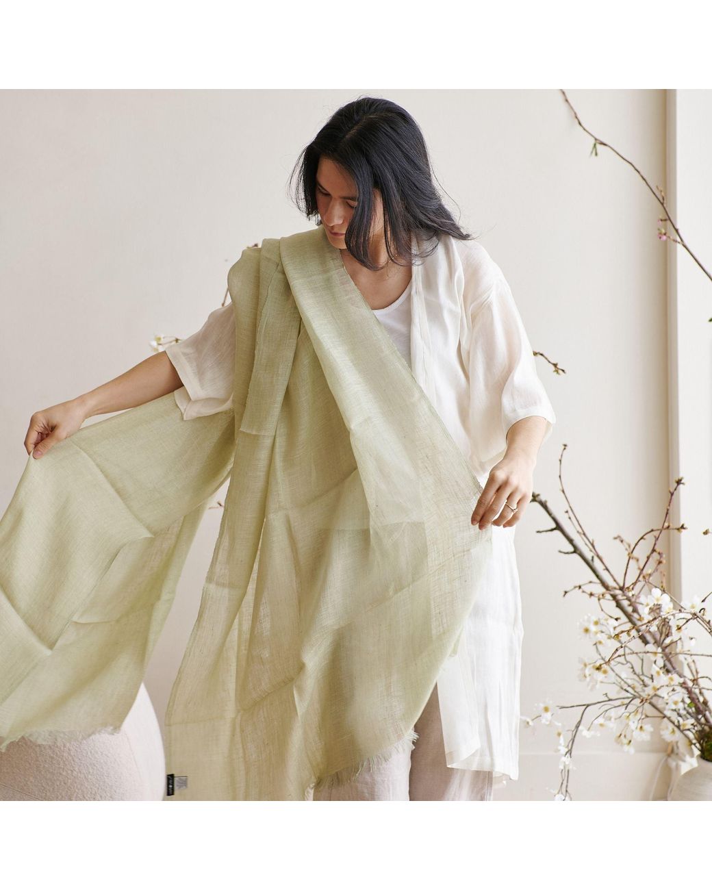 Variously Green Soya Pastel Lime Hand Woven Soft Linen Scarf