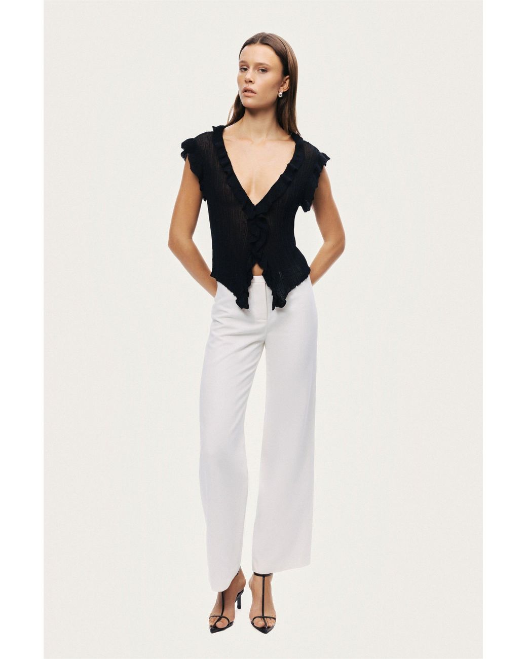 Nocturne Black Ruffled V-Neck Sheer Blouse