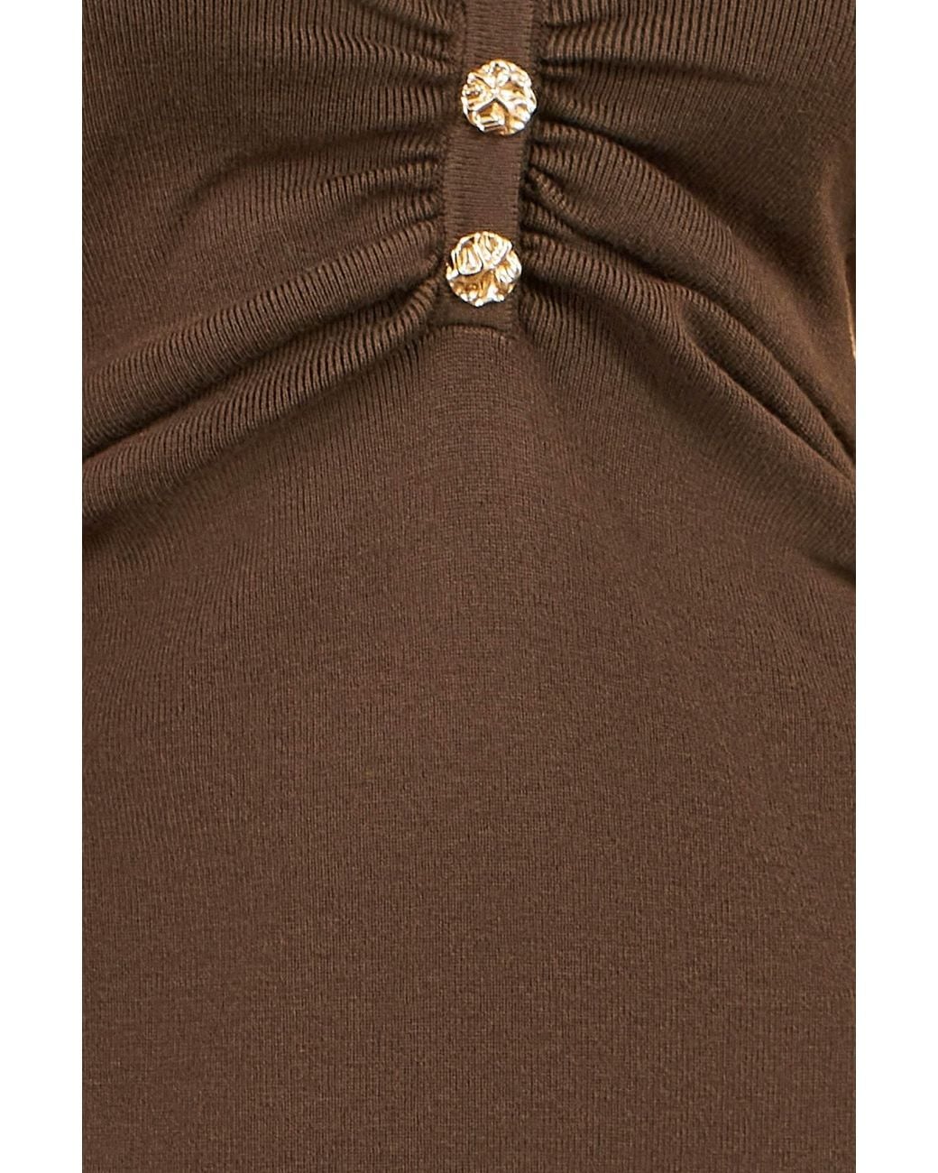 Yumi' Brown Knitted Ruched Collar Dress