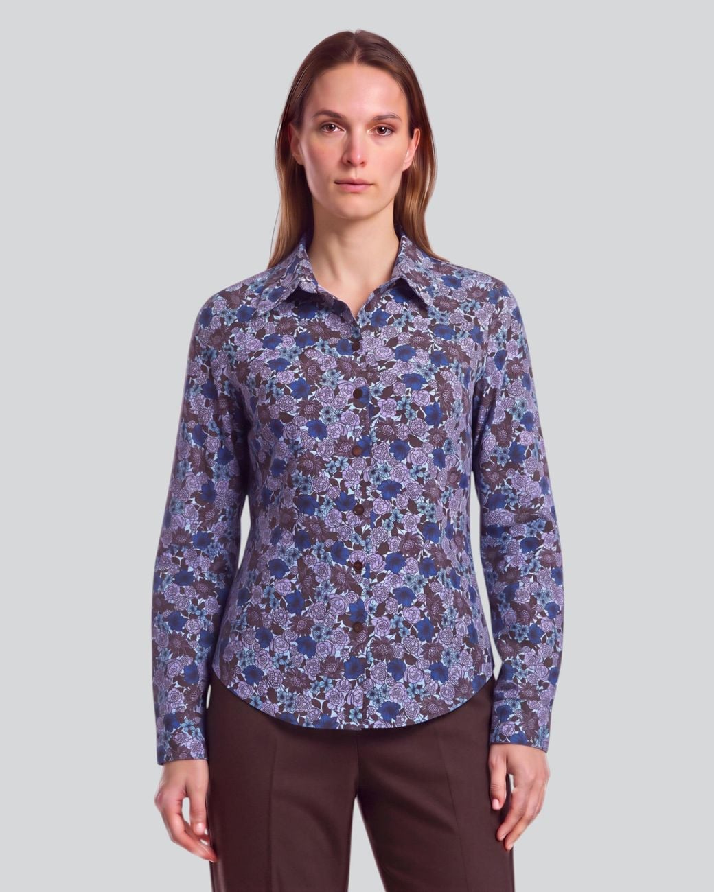 Lords of Harlech Blue Stephanie Ternberg Floral Brownie Lyocell Stretch Long-Sleeve Shirt
