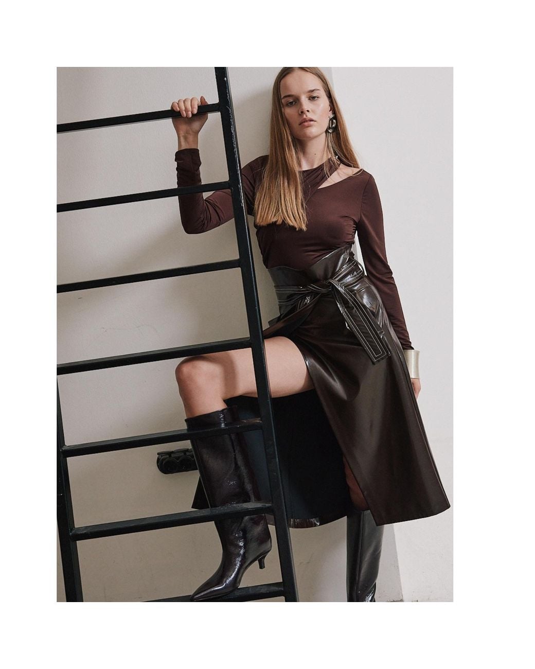 Mirimalist Brown Sepia Leather Wrap Midi Skirt